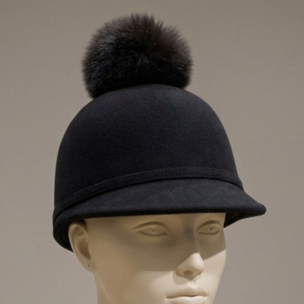 ZARA Girls Black Wool Blend Equestrian Cap Riding Hat Faux Fur Pom Pom One Size